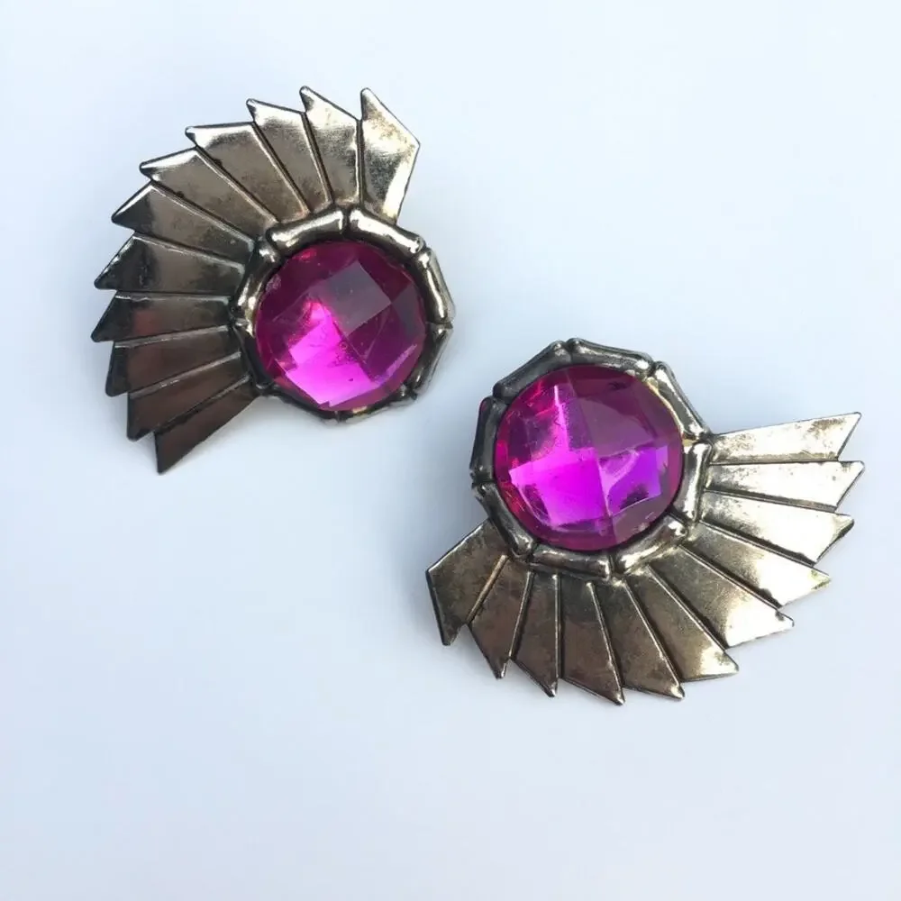 80s style purple accent chrome wing post earrings